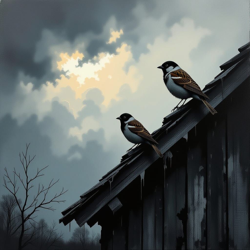 Sparrow on Abandoned Farmhouse Eaves in Stormy Sky