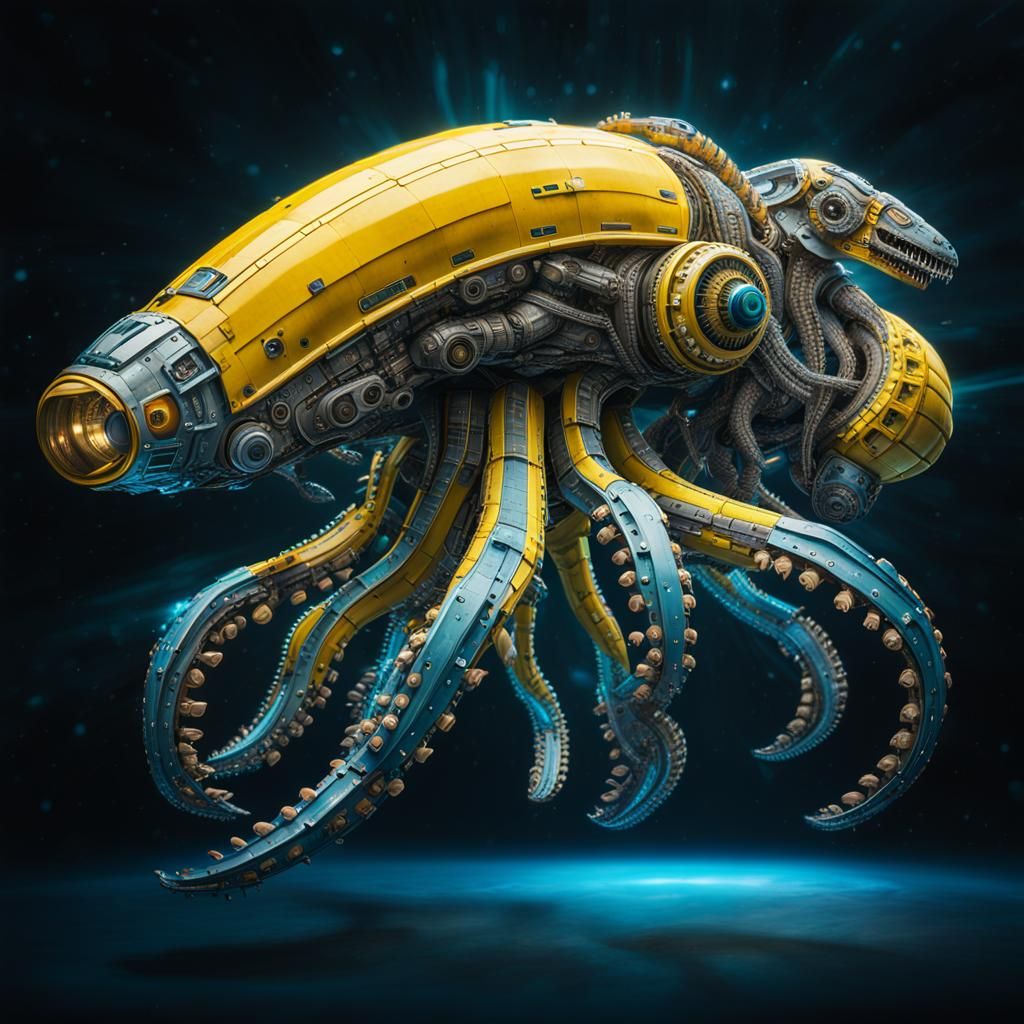 Cyborg Banana Spaceship Battles Octopus: Light Painting Art