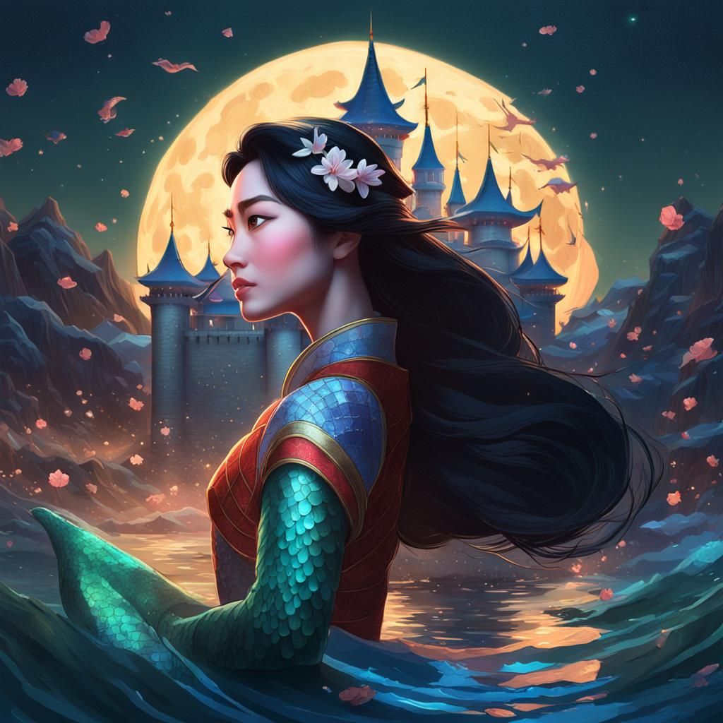 Mulan Mermaid Portrait with Disney Castle Background