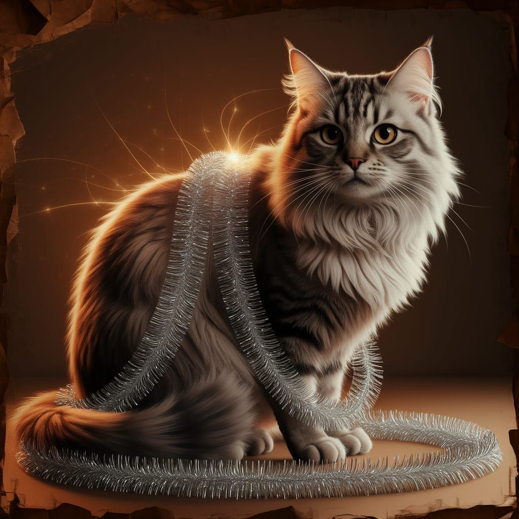 Turkish Angora Cat in Silver Tinsel, Vintage Geek Style