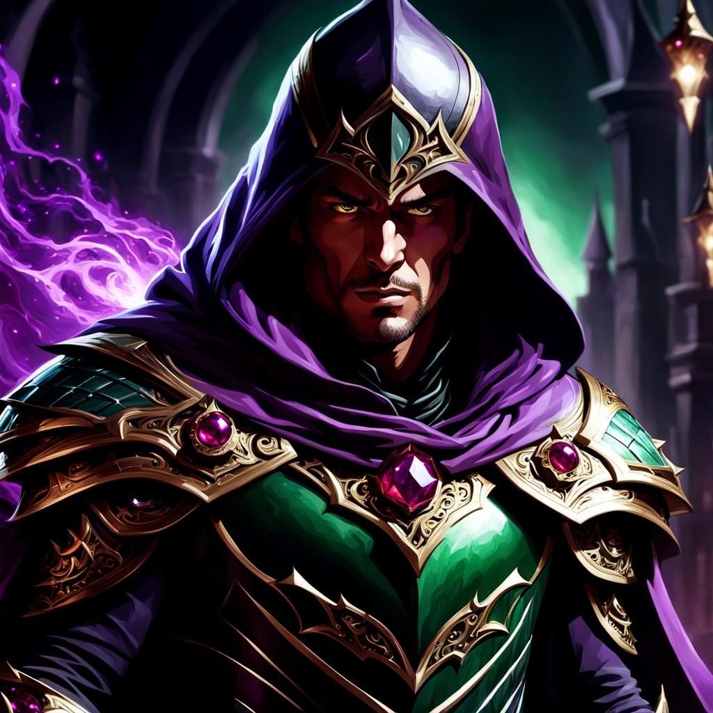 Armored Warlock with Violet Energy, Dark Fantasy Art