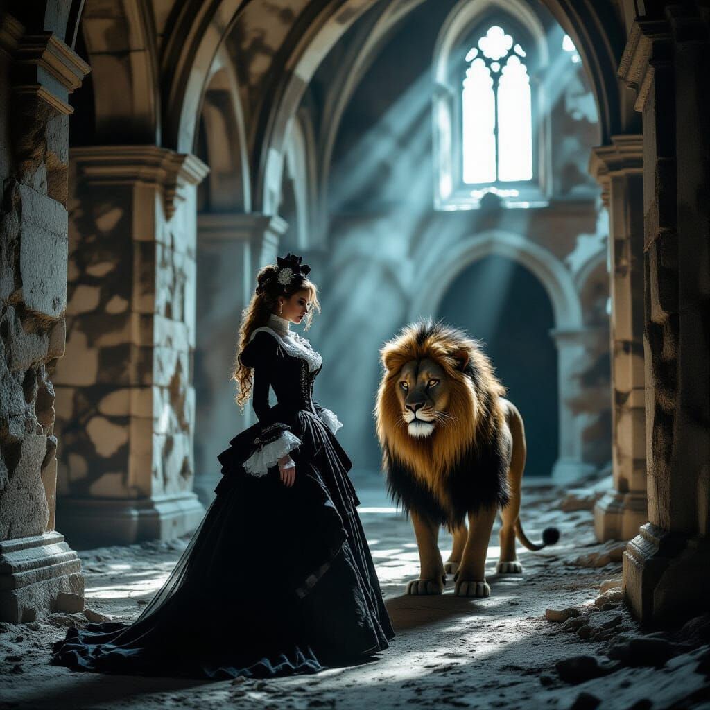 Victorian Woman with Lion Hybrid in Abandoned Castle