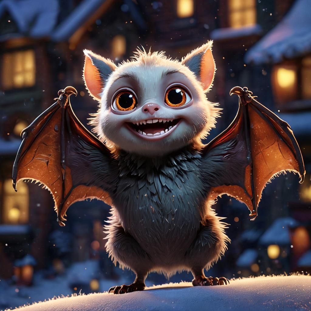 Adorable Cartoon Vampire Bat in Snowy Landscape