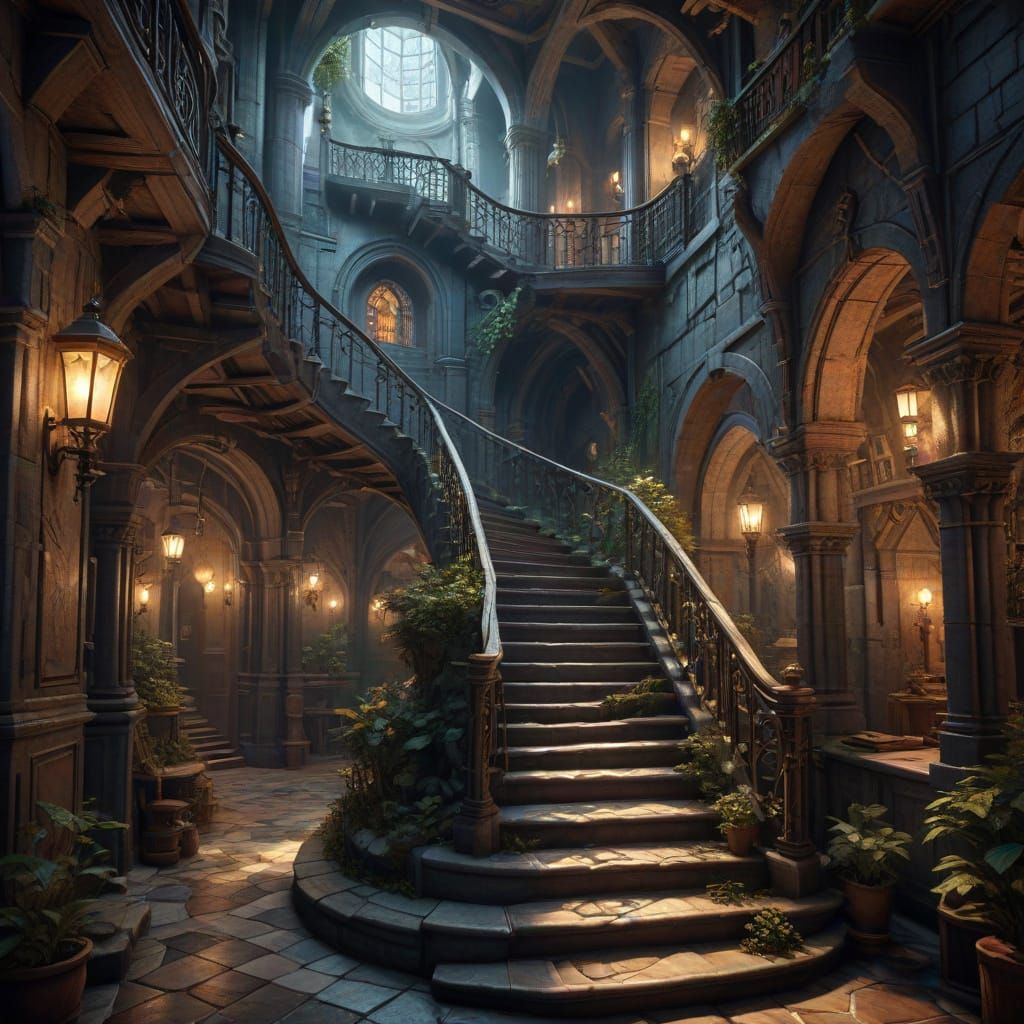 Paradoxical Staircase in Cyberpunk Aesthetic