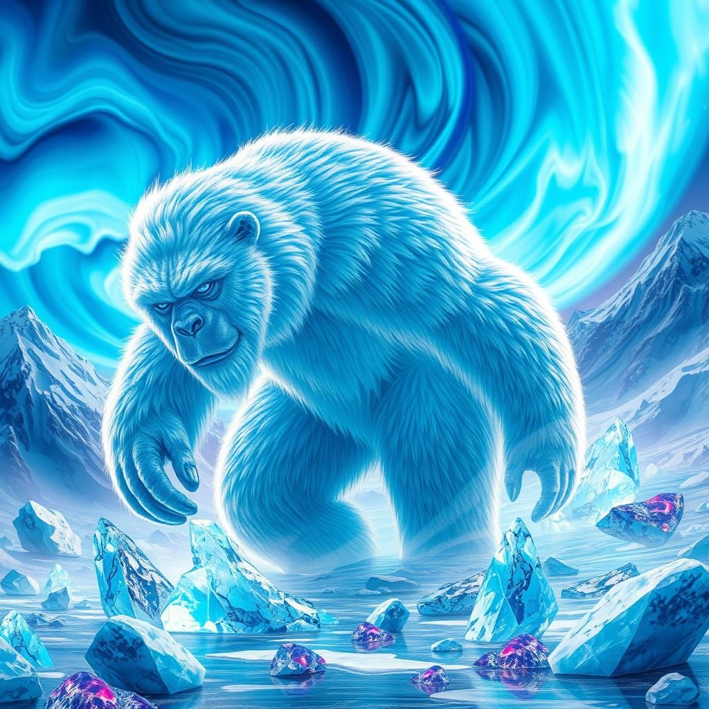Kaleidoscopic Yeti in Aurora-Lit Glacial Landscape