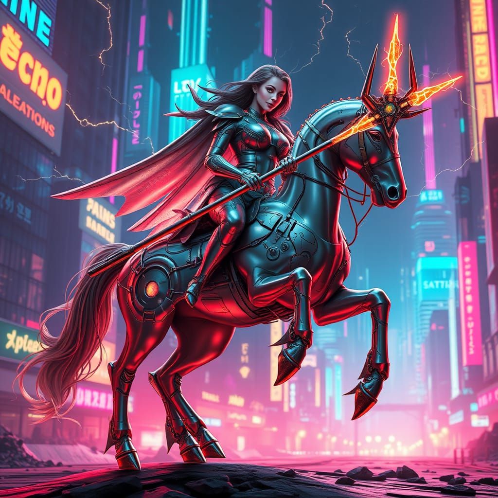 Cyborg Centaur Maiden with Electric Trident in Sci-Fi City