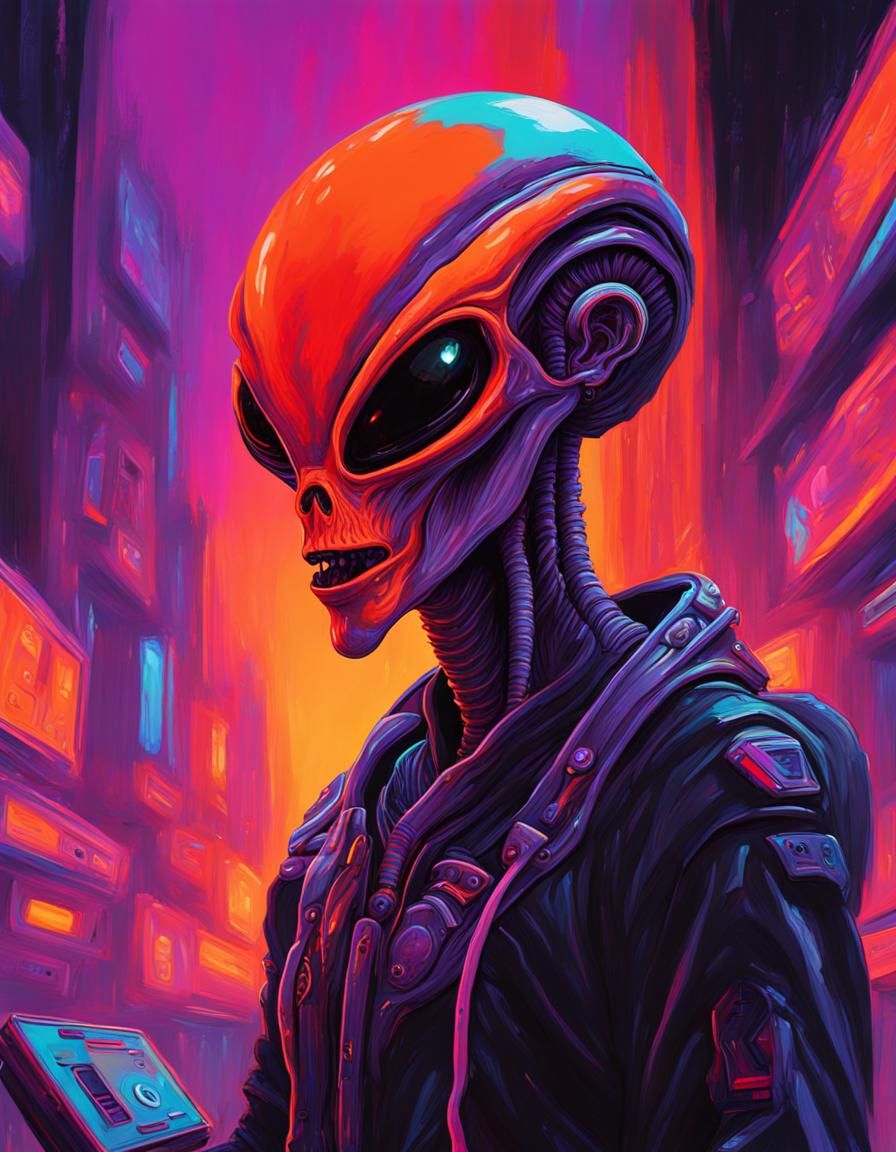 Vivid Alien in Retrowave Oil Gouache Style