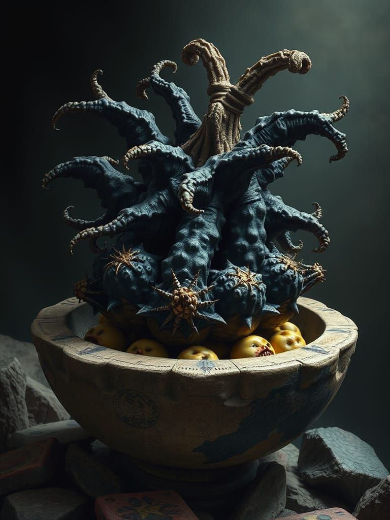 Alien Fruit in Stone Bowl: Surreal Fantasy Art
