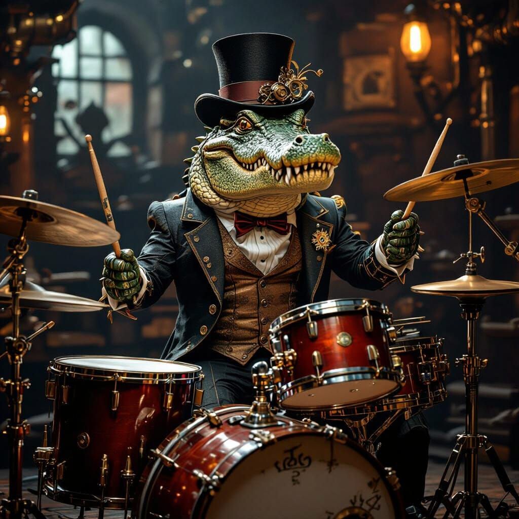 Steampunk Crocodile Musician in Victorian Workshop