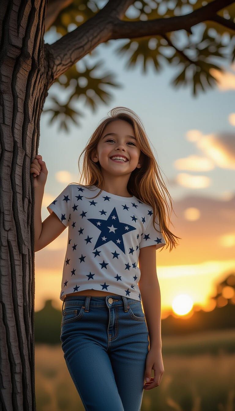 Girl Climbing Tree at Sunset in Renaissance Style