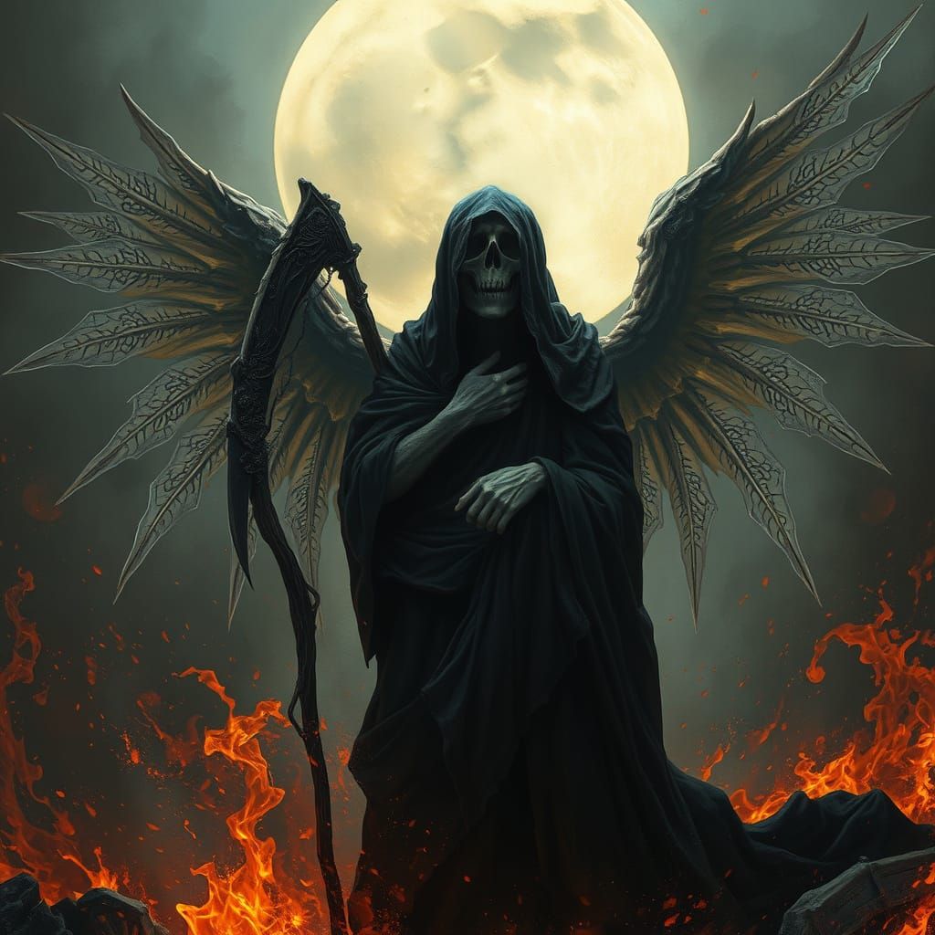 Sorrowful Grim Reaper Weeping in Fire Storm
