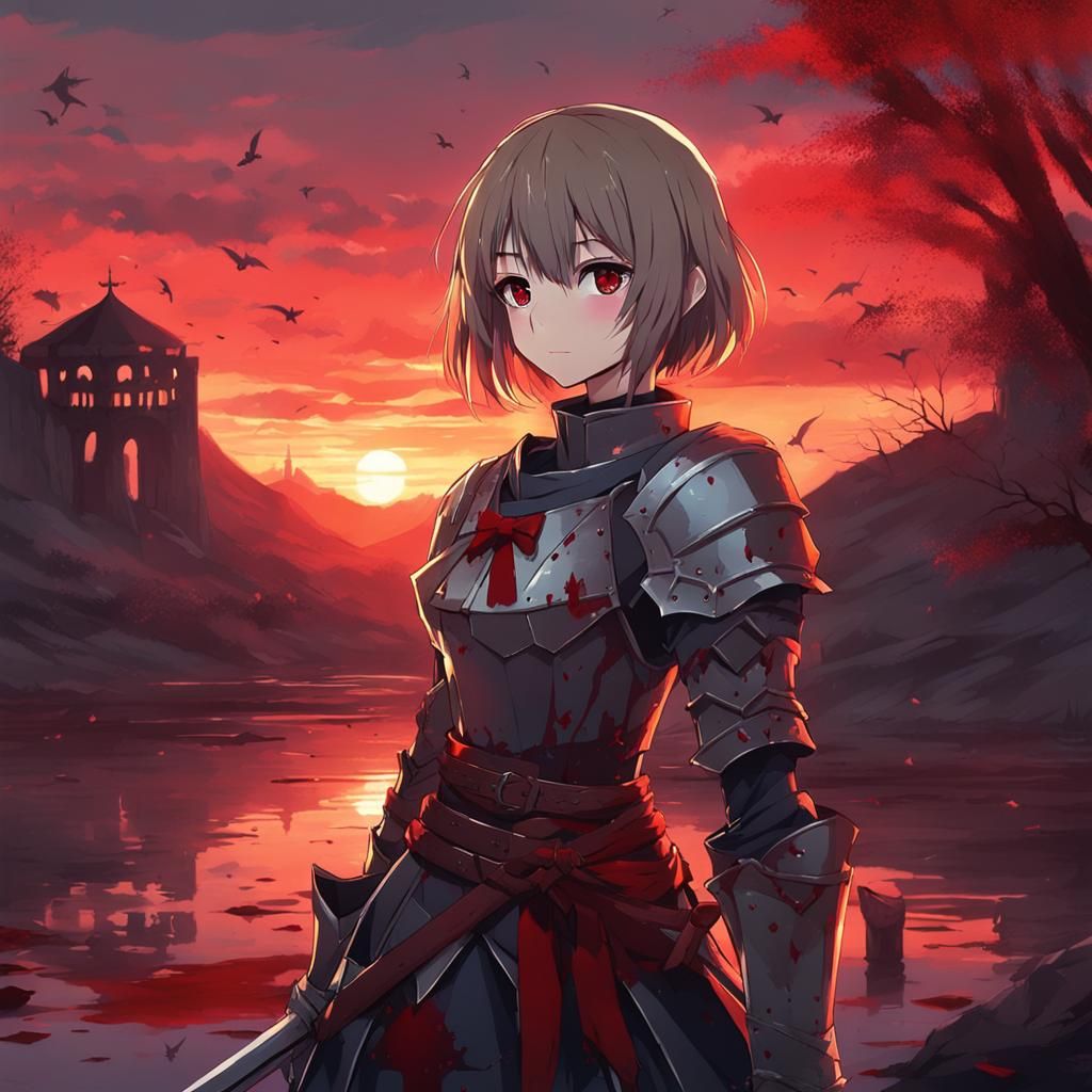 Anime Girl's Bloody Battle at Sunset
