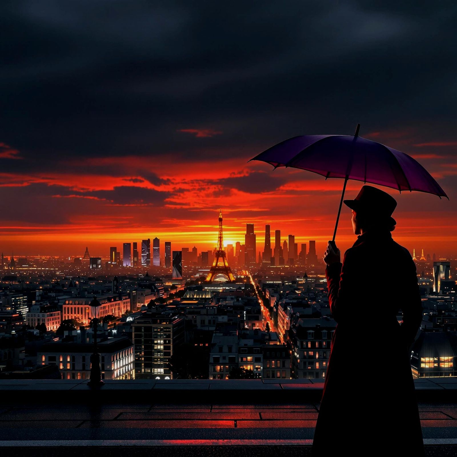Futuristic Paris Skyline with Woman and Umbrella