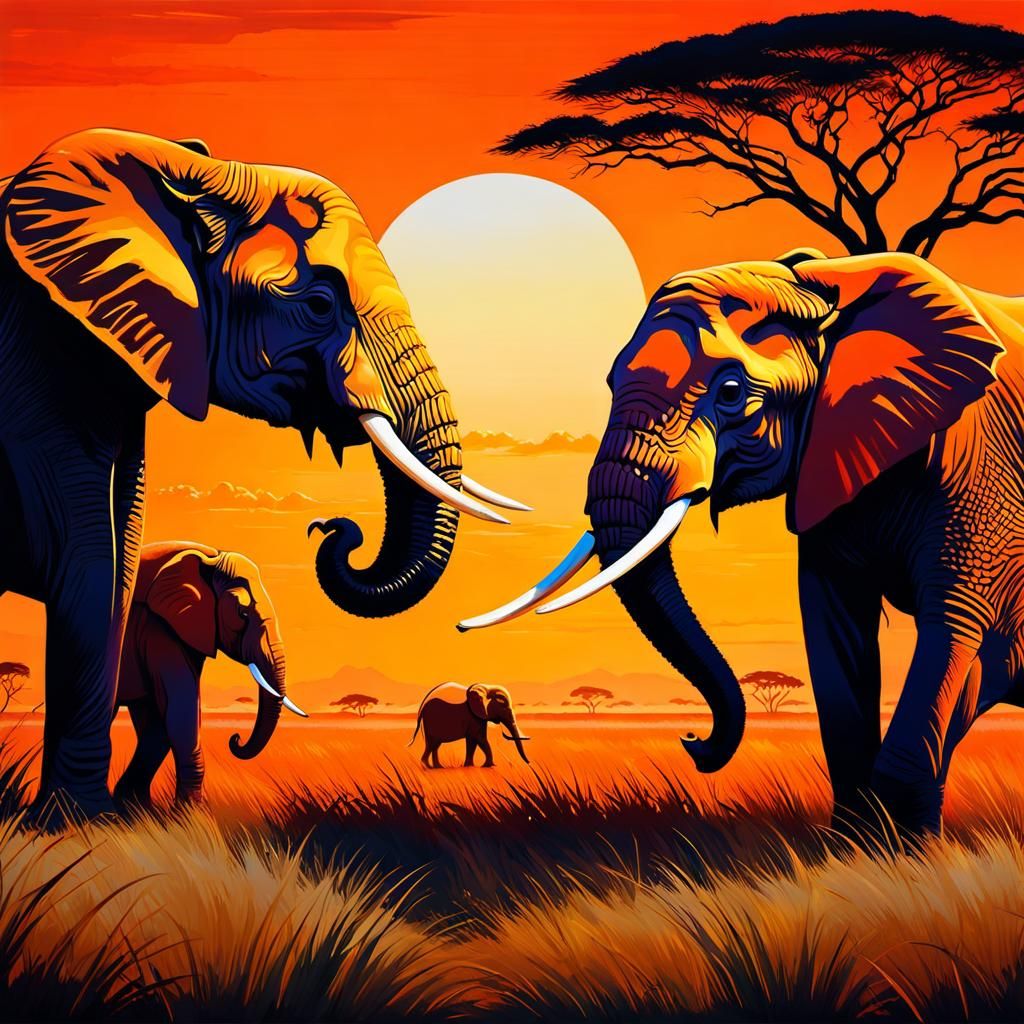 African Elephants Grazing Over a Vibrant Sunset