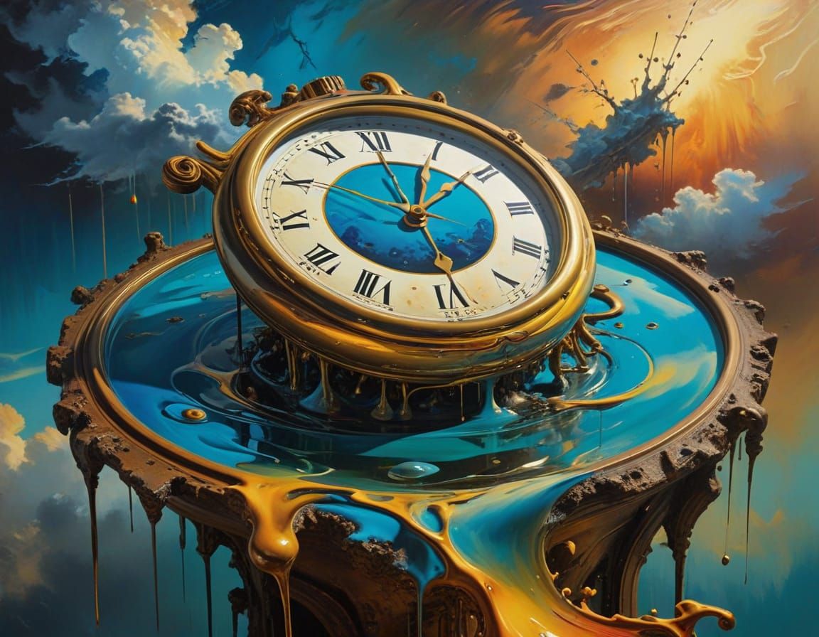 Surreal Oil Painting of Melting Clock in Dreamlike Scene