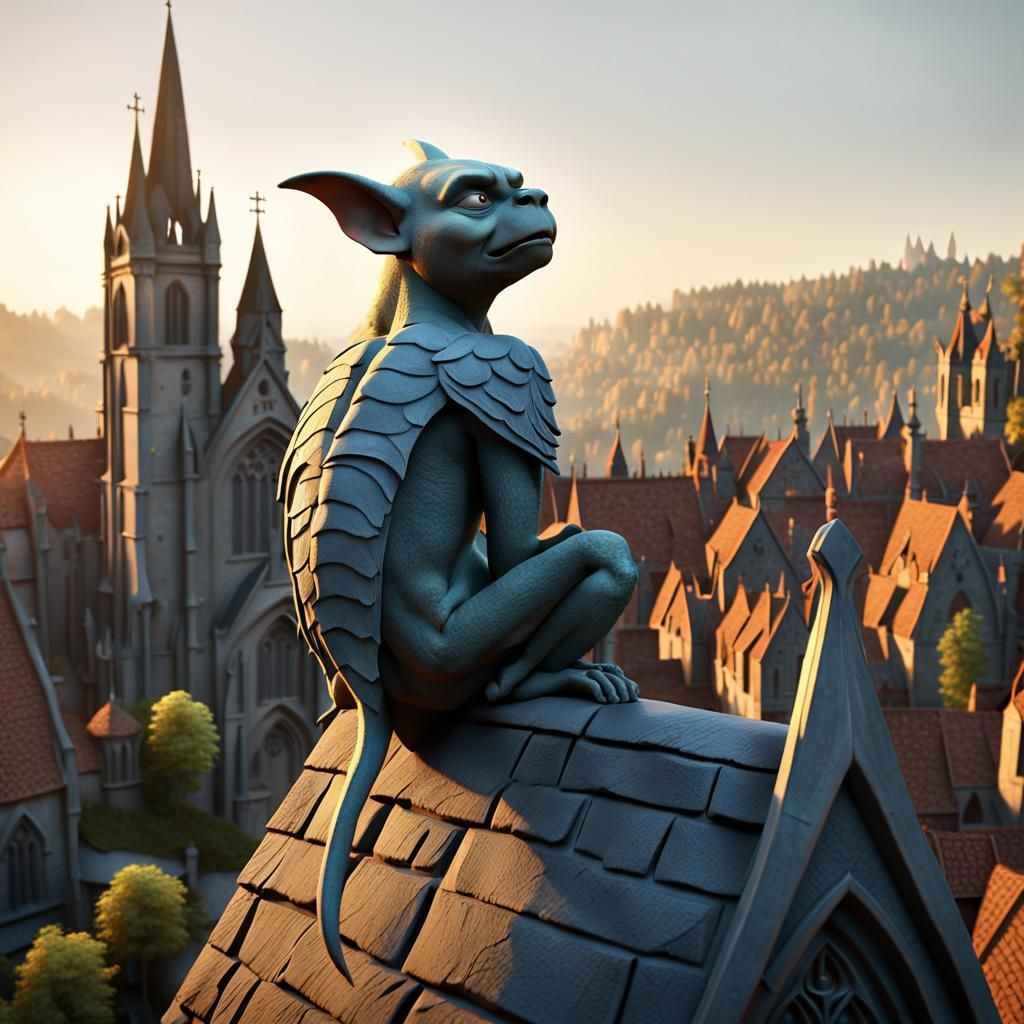 Cute Gargoyle Statue Overlooks Medieval Village