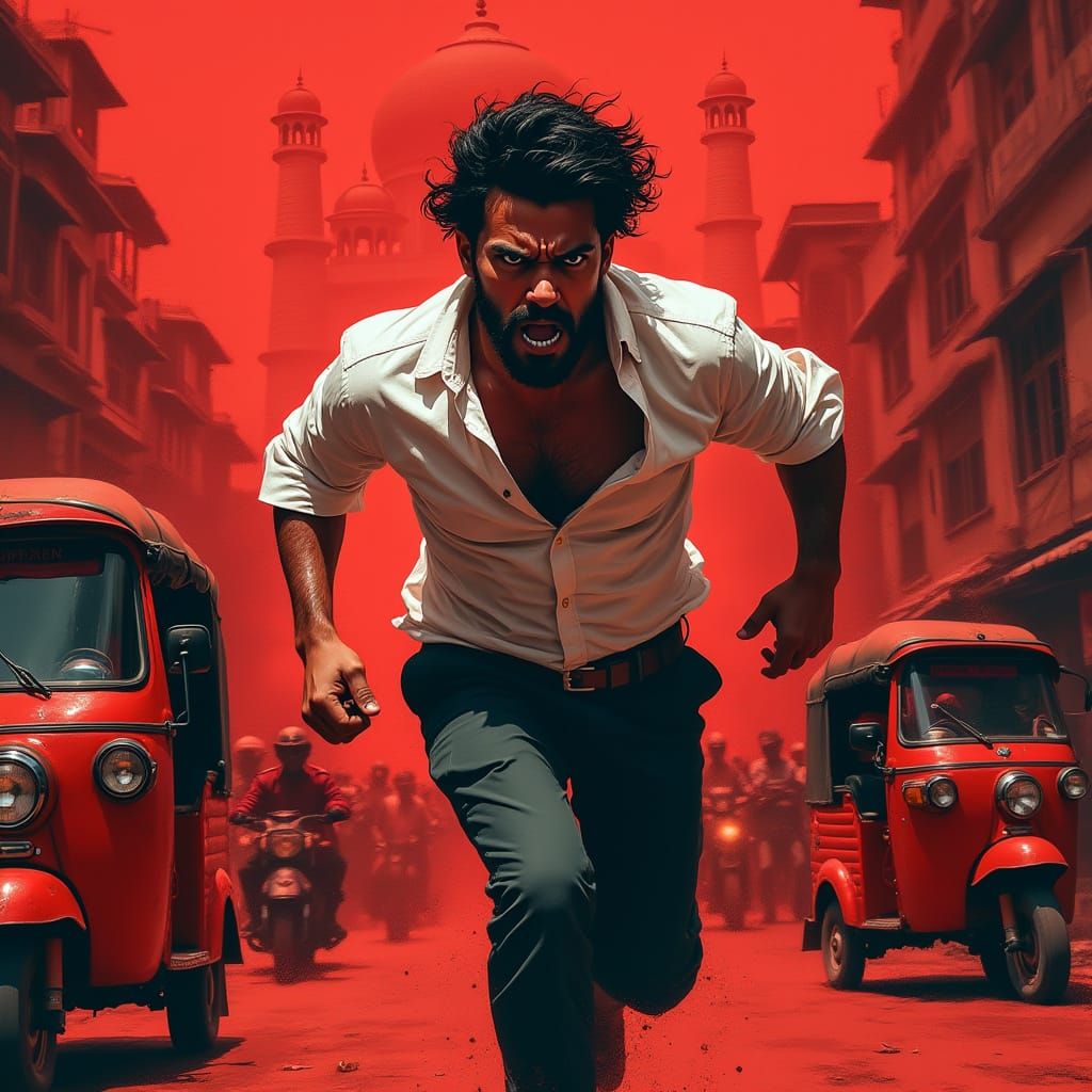 Man on the Run in Indian Streets, in Gritty, High-Contrast A...
