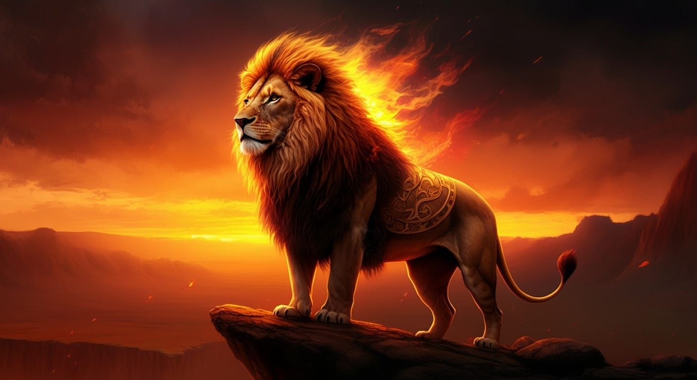 Regal Lion King in Hyperrealistic Sunset Scene