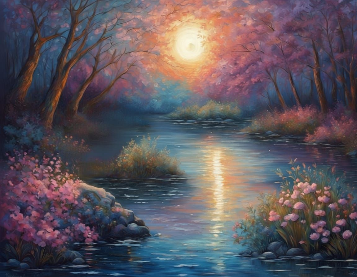 Multicolored Landscape Painting with Heron and Moon