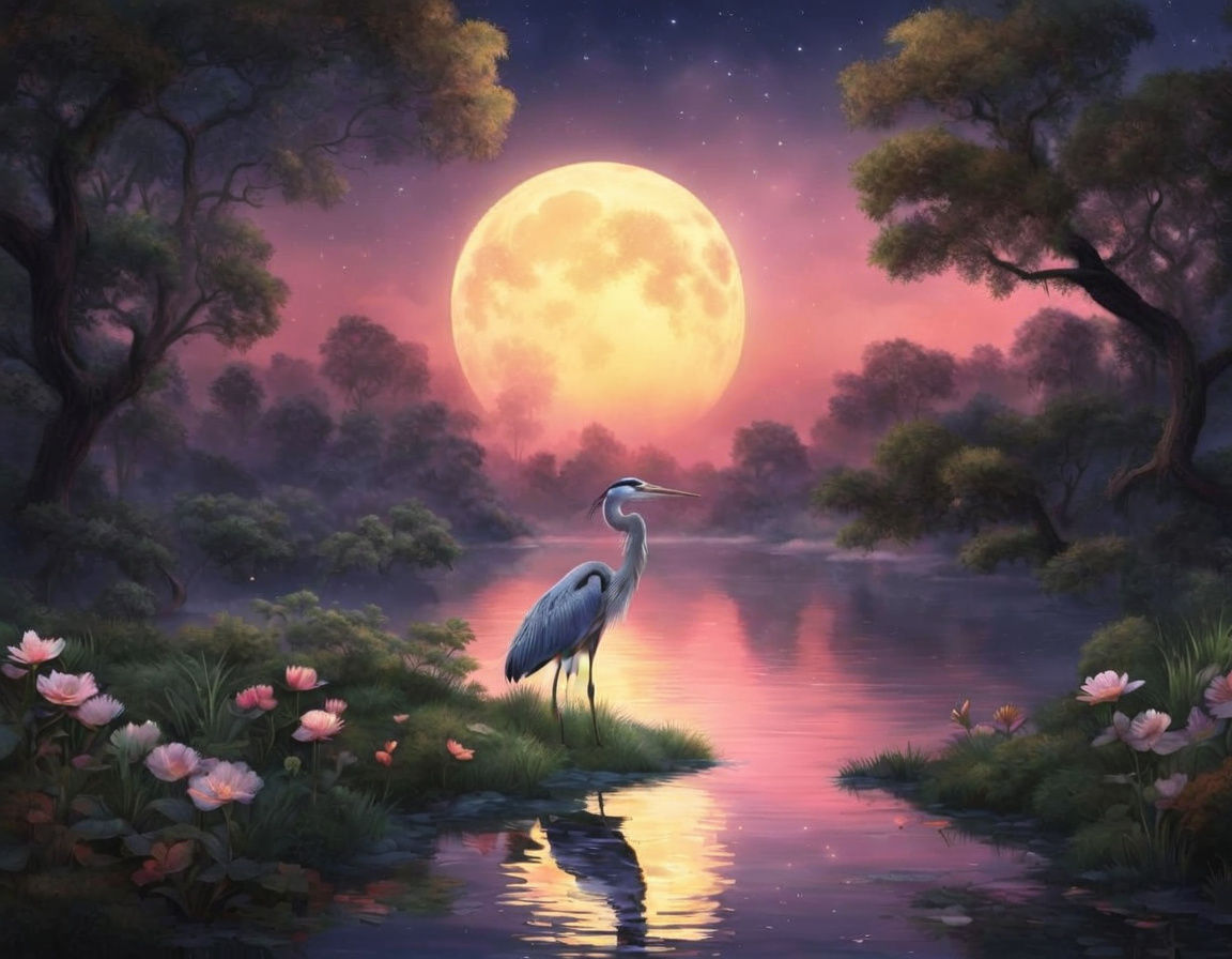 Multicolored Impasto Landscape Painting of Heron Under Lumin...