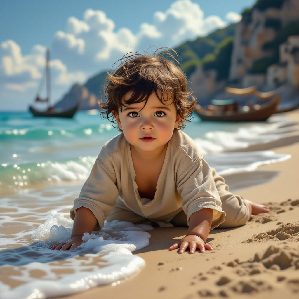 Baby Boy Playing at 15th Century Italian Beach