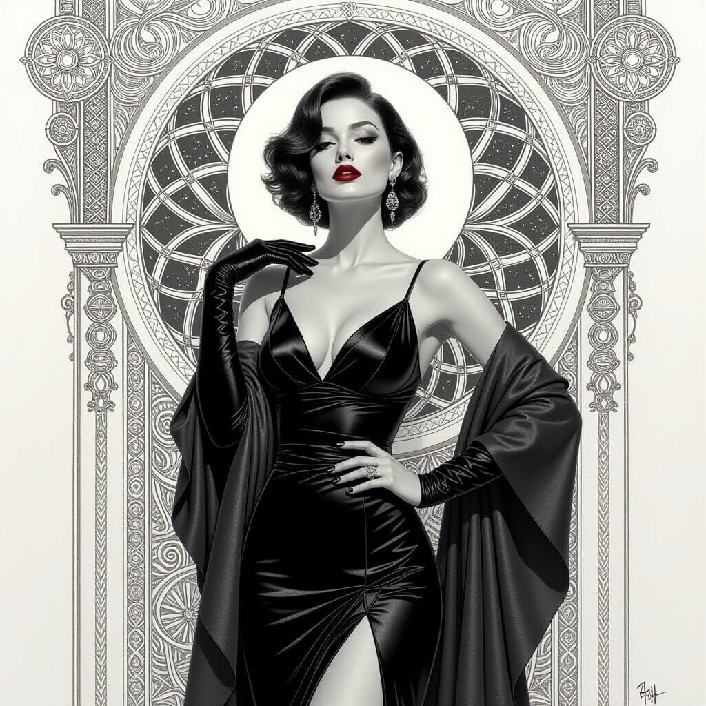 Elegant Woman in Art Deco Surreal Charcoal Drawing