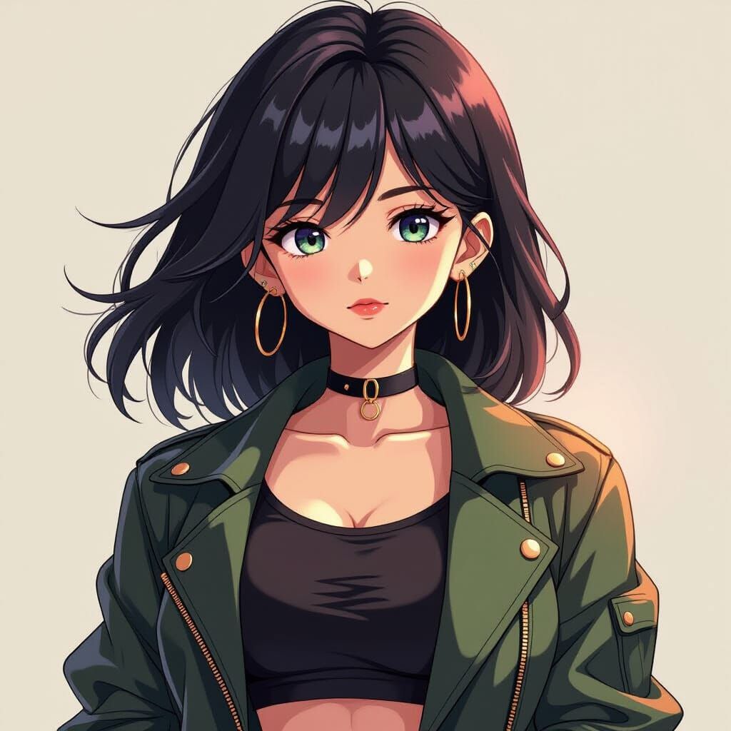 Vibrant Anime Girl in Stylish Jacket with Dramatic Lighting