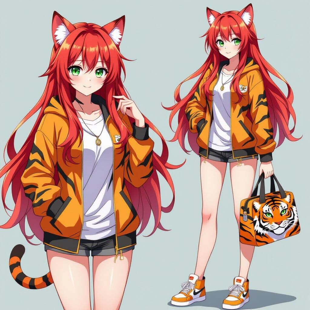 Anime Woman in Tiger Outfit with Red Hair