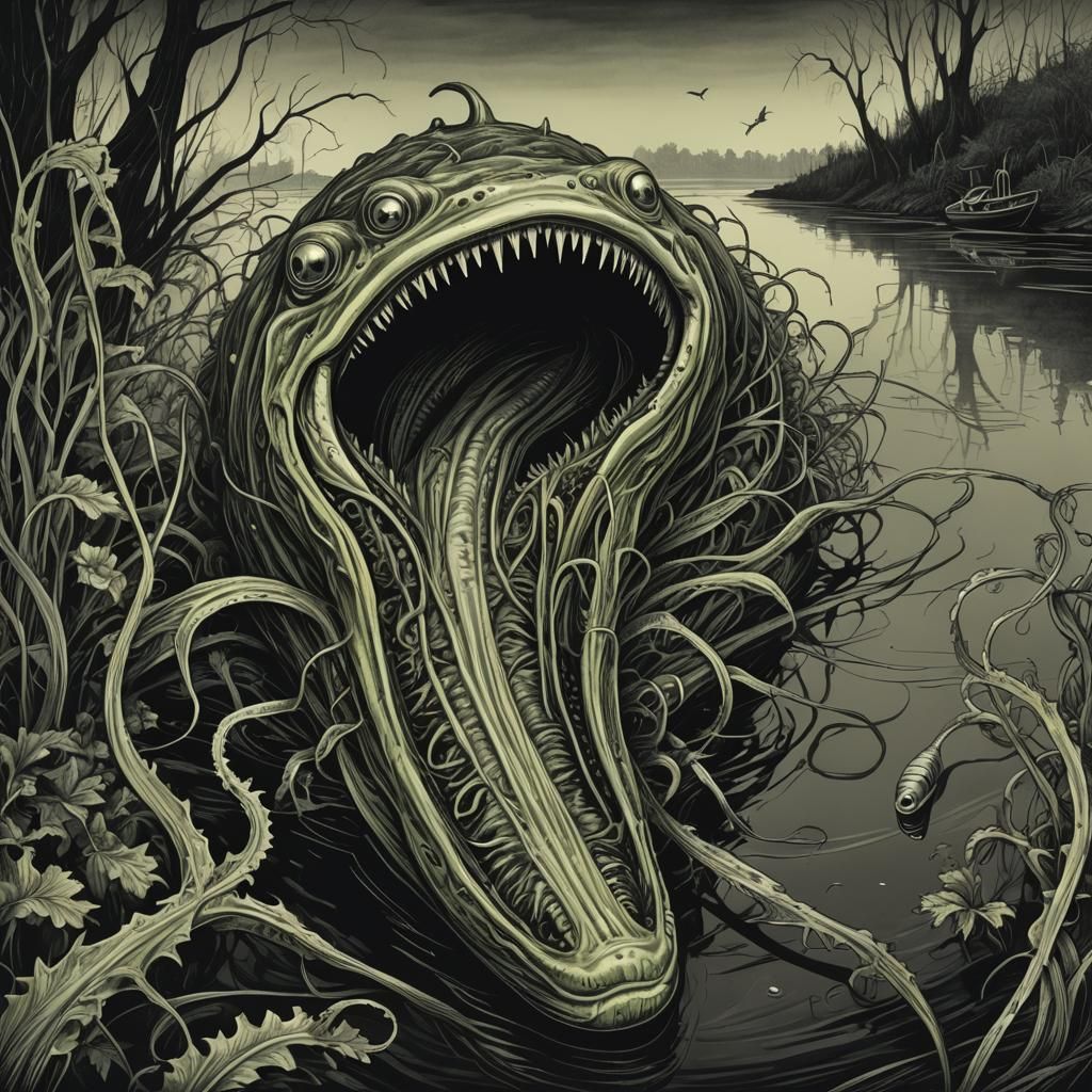 Sinister Lamprey-Celery Hybrid in Dark Fantasy Style