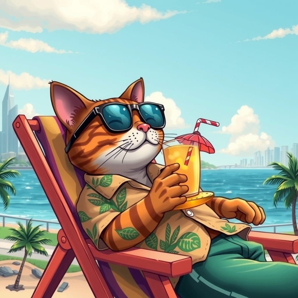 Relaxed Beach Cat in Tropical Paradise