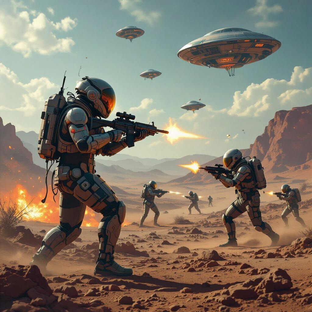 Futuristic Battle: Humans vs. Aliens in Photorealism