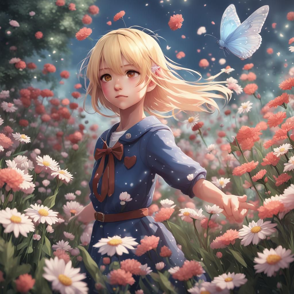 Blonde Girl in Flowers: 3D Anime Art