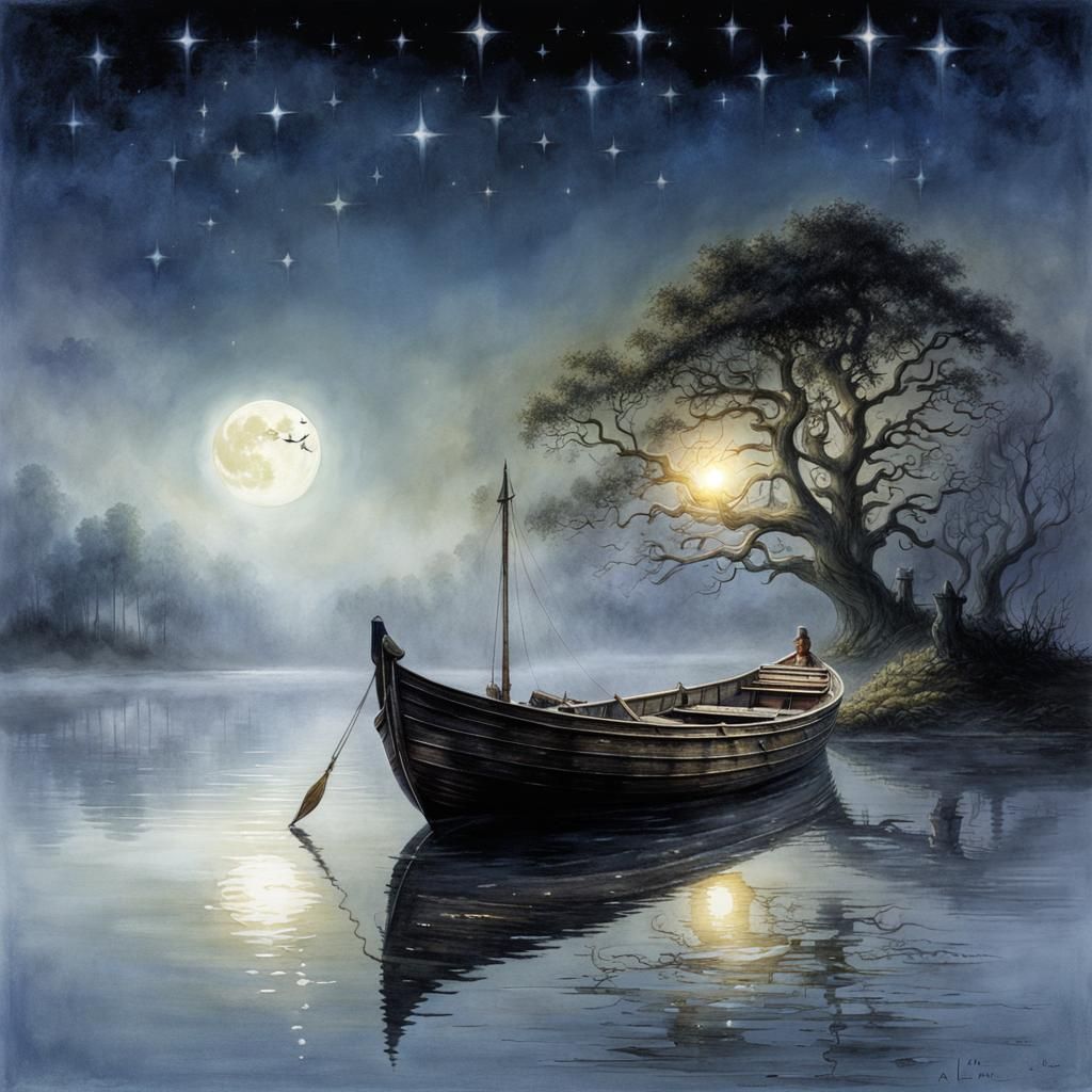 Mystical Moonlight Boat on Misty Lake