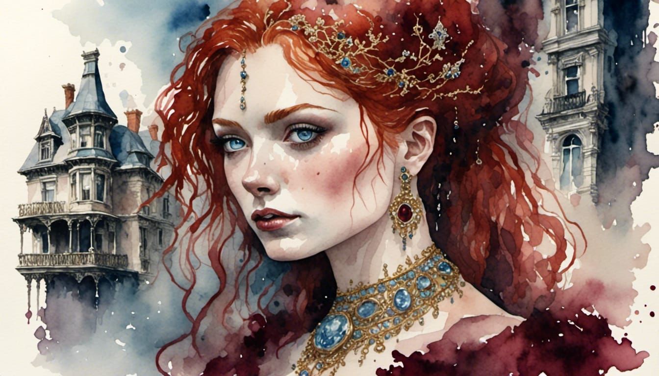 Antique Watercolor Portrait of a Redhead Woman