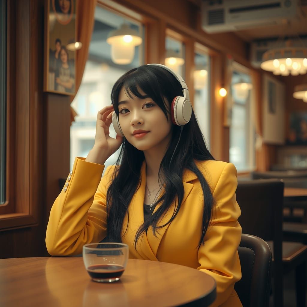 Japanese Girl in Cafe Listening to Music