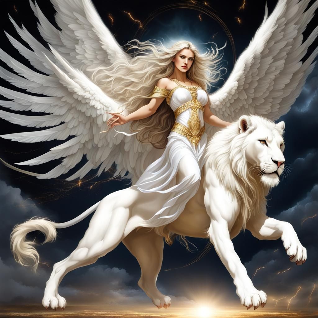 Angel Rides Lion Through Lightning Storm