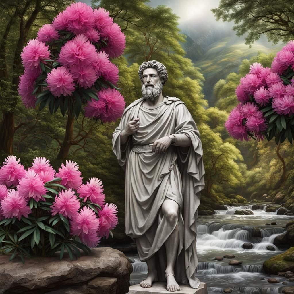 Marcus Aurelius Statue Near Waterfall, Photo Realism