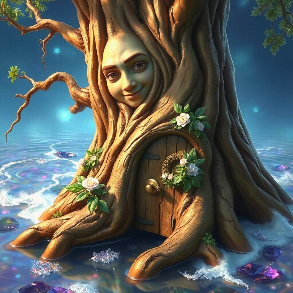 Ethereal Fantasy Tree Blooms as Shimmering Island Paradise