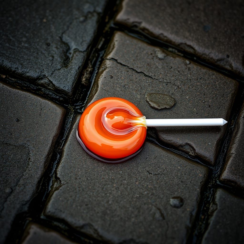 Macro Shot of Lost Lollipop on Cobblestones