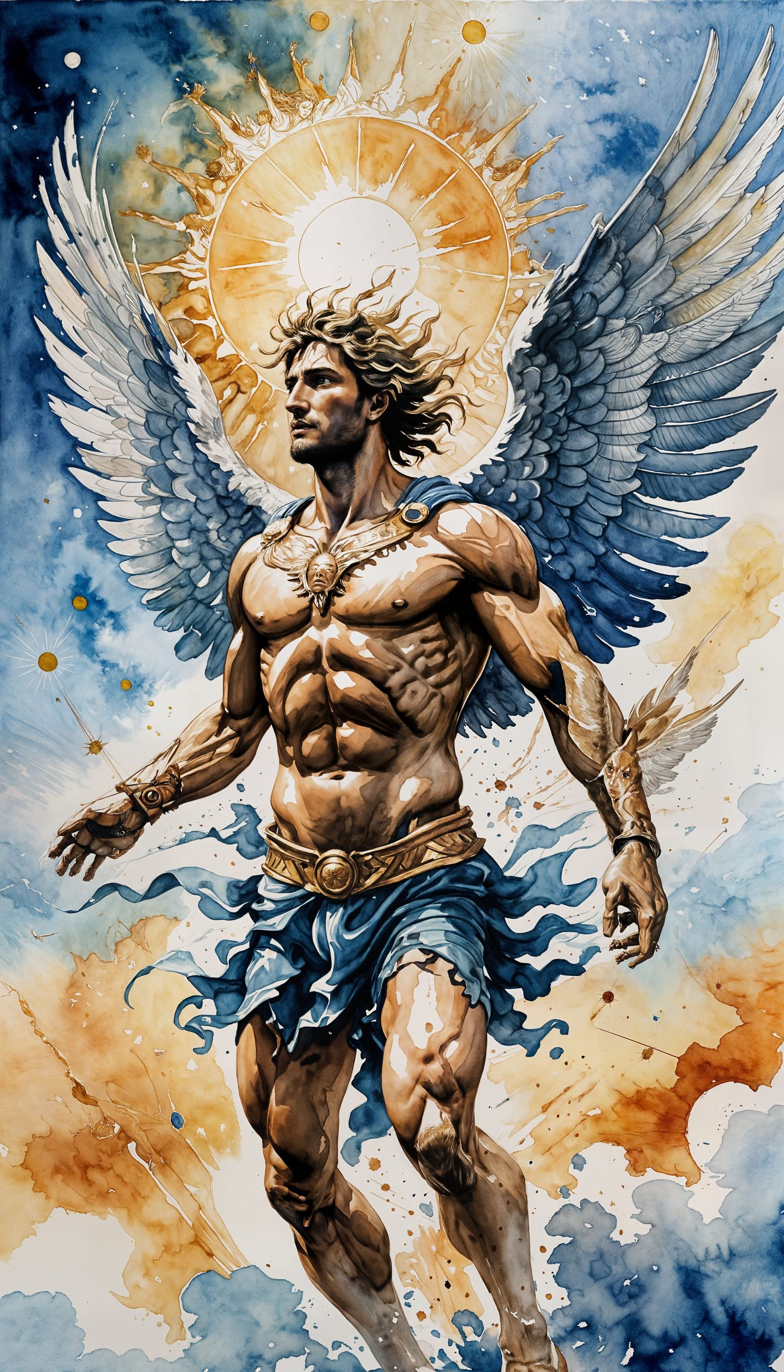 Icarus Soaring to the Sun: A Watercolor Painting