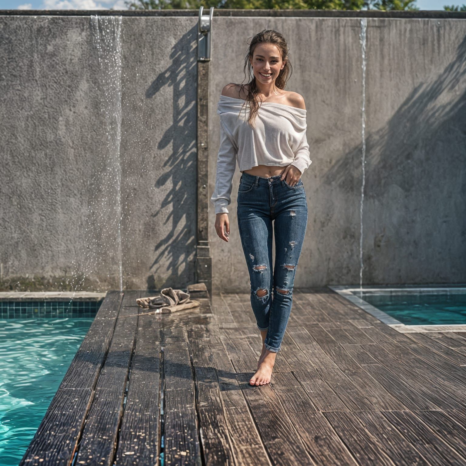 Brunette Woman About to Jump in Pool: Photorealistic