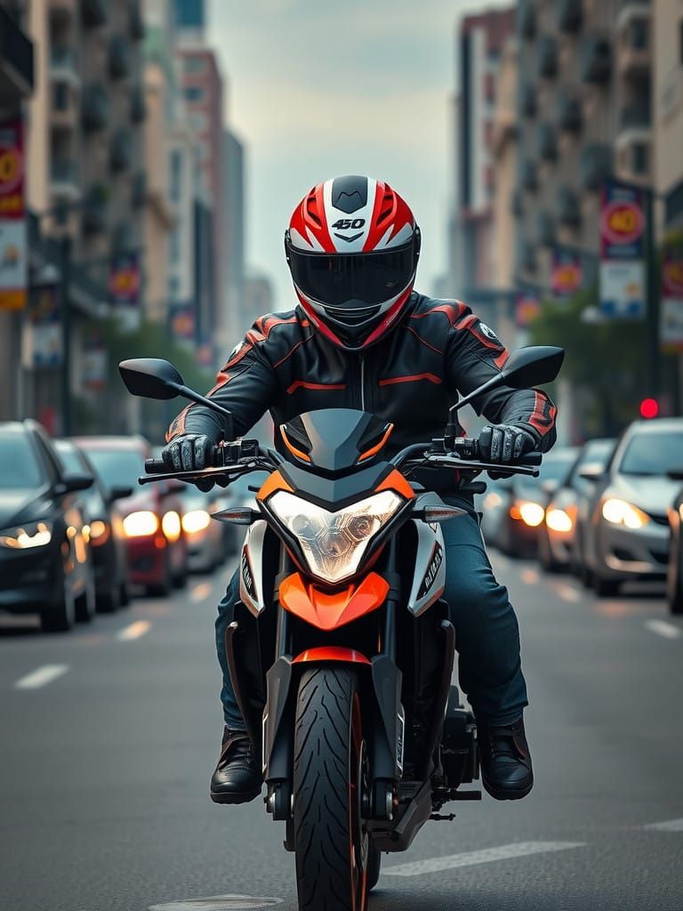 Dashing Biker in Perfect Frontal View, KTM Duke 125, City St...