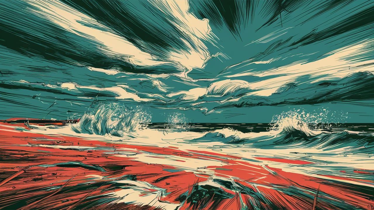 Chaotic Impressionistic Beach Scene with Bold Lines