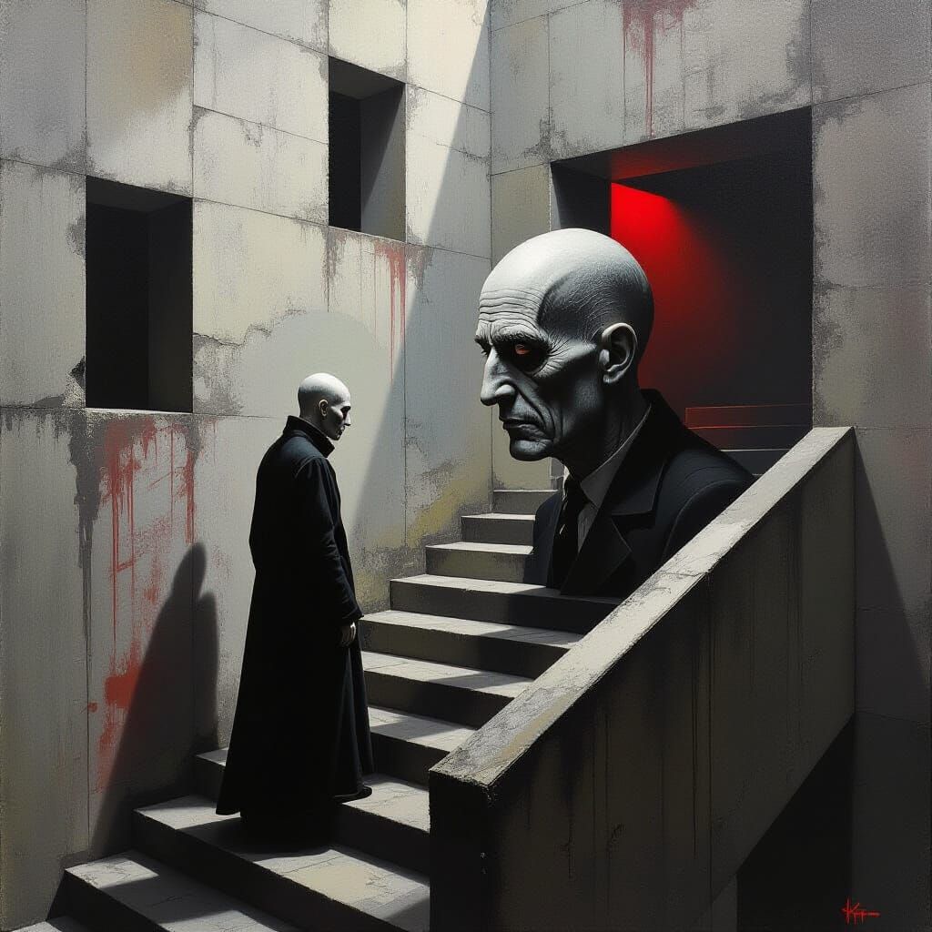 Dual-Faced Figure Navigating Brutalist Maze in Goya-Inspired...