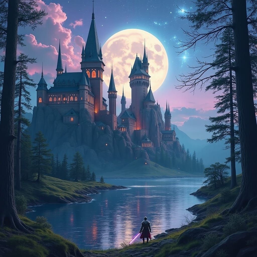 Heroic Knight with Lightning Sword in Cosmic Landscape