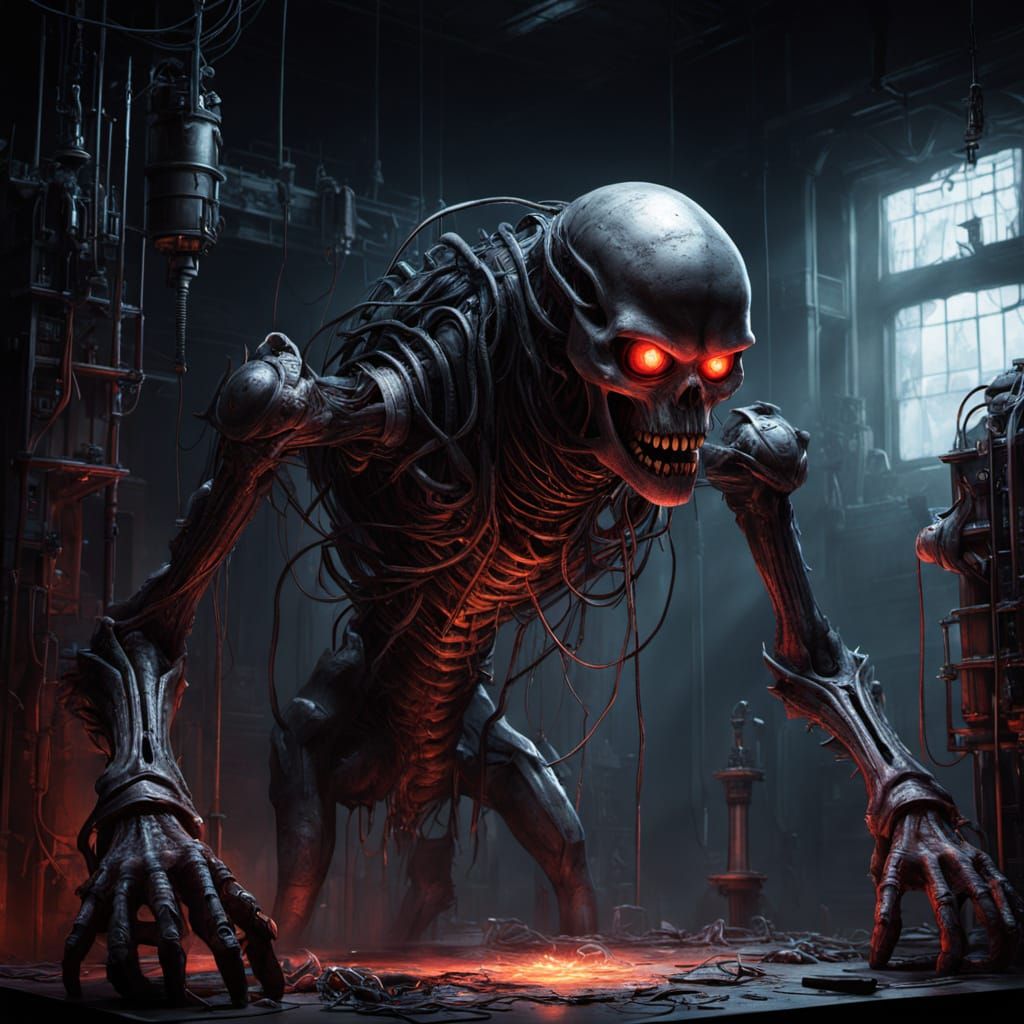 Dark Fantasy Creature in a Gritty Laboratory Scene