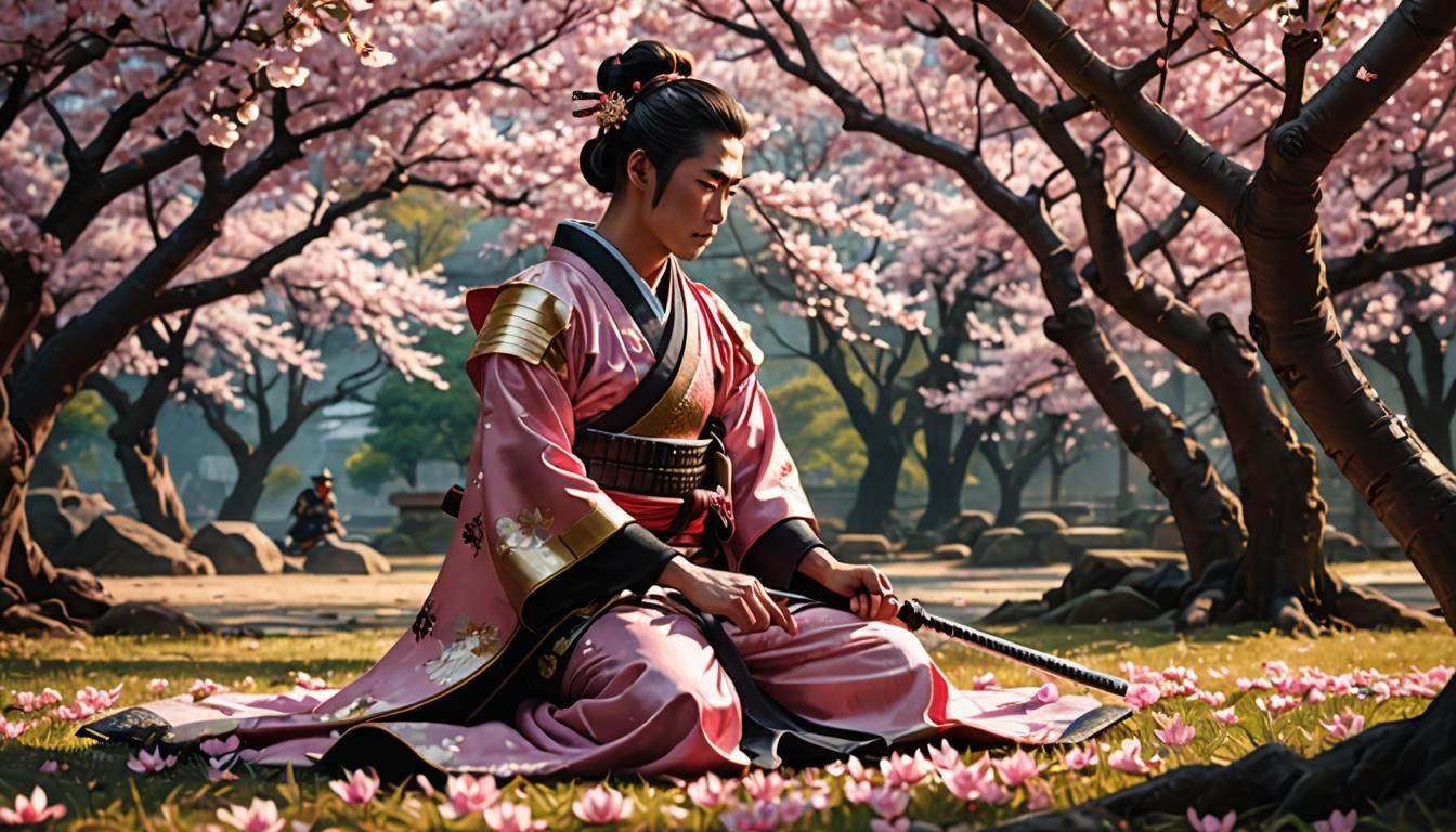 Samurai and Geisha Under Cherry Blossoms