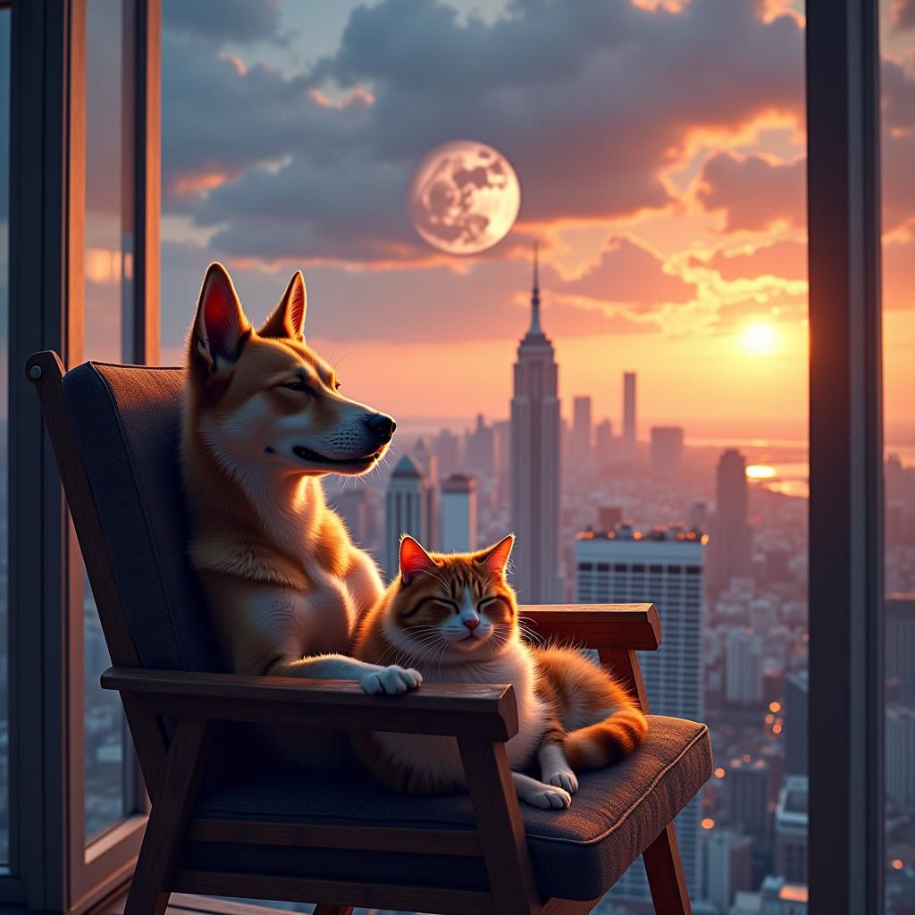 Dog and Cat Nap Under Twilight Sky