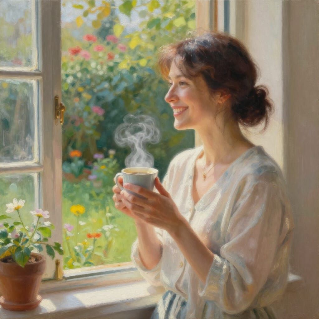 Happy Woman Enjoys Morning Coffee by Window
