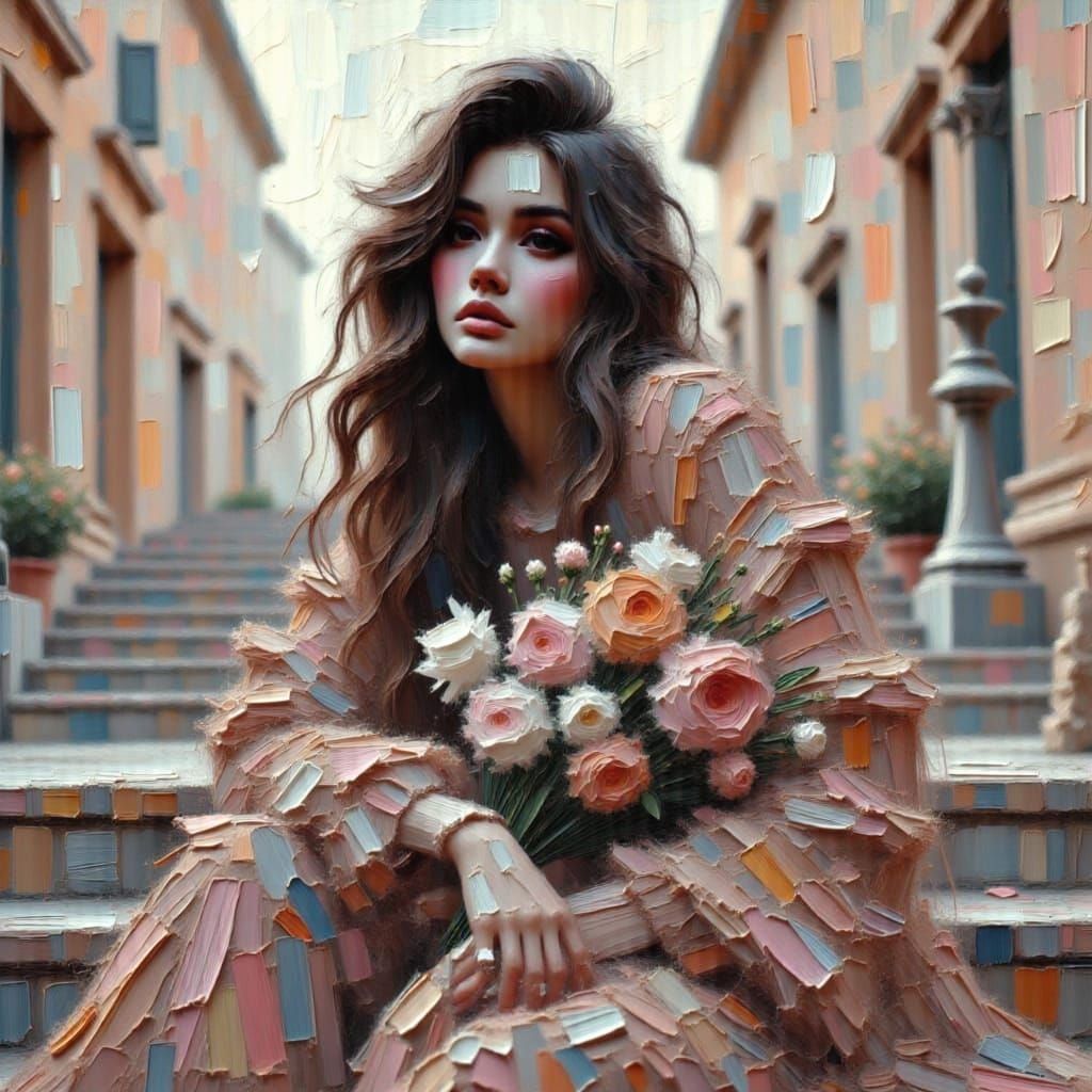 Woman on European Stairs in Early Autumn, Impasto Style